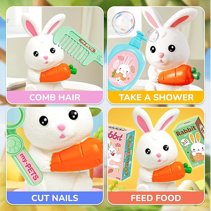 SMILESSKIDDO Pet Carrier Backpack Toy, 3 in 1 Care Playset, Pretend Play Accessories & Hair Dryer Toy, Rabbit Role Play Set for Girls Ages 3+