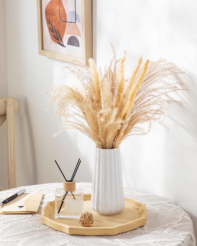 vancasso Ceramic Vase, 7.8 Inch Modern Ribbed Glossy Decorative Vase, Flower vase for Home Decor, Living Room, Bedroom, Office Decor, White