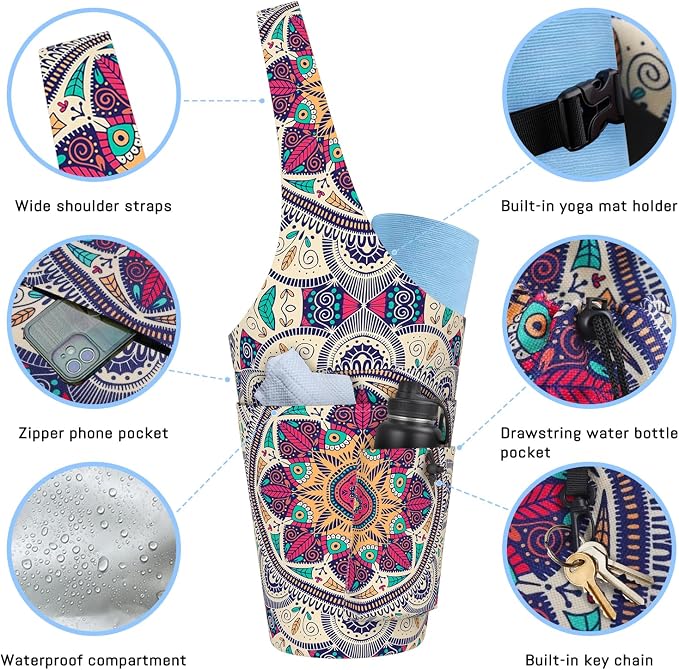Mandala Yoga Mat Bag with Large Waterproof Zipper Pocket and Drawstring Pocket Long Tote Yoga Mat Carrier Holder Bags Fit Most Size Mats