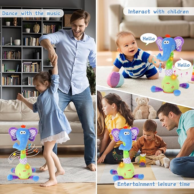 LUKETURE Dancing Talking Elephant Plush, Interactive Stuffed Animal Toy, Musical Plush with Record & Repeat, Sings 10 Songs, LED Lights