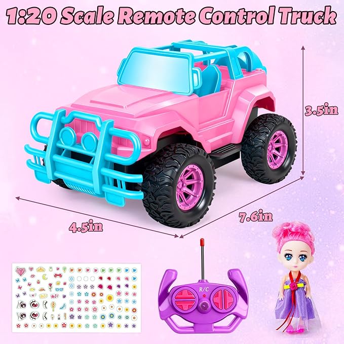 YongnKids Remote Control Car for Kids, 1:20 Scale Rc Trucks for Girls Age 4-7, Pink Rc Cars Toys for Ages 5-7 8-13 Boys Girls Birthday Gift, Off Road Trucks with Mini Doll & DIY Sticker