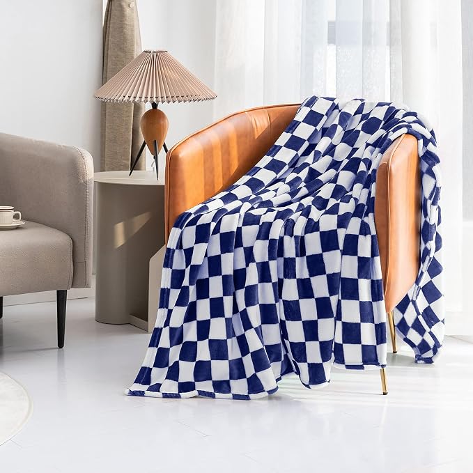LOMAO Throw Blankets Flannel Blanket with Checkerboard Grid Pattern Soft Throw Blanket for Couch, Bed, Sofa Luxurious Warm and Cozy for All Seasons (Dark Blue, 40"x60")