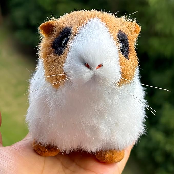 Realistic Guinea Pig Figurine – Lifelike Tri-Color Hamster Stuffed Animal, Faux Fur Pet Replica for Shelf, Desk & Home Decor, Collectible Gift for Rodent Lovers