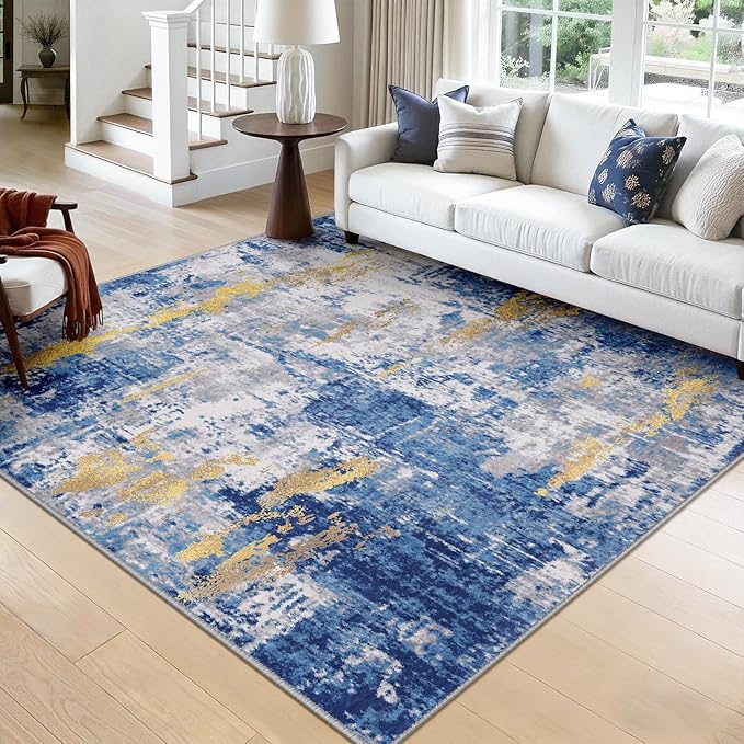 RELEANY Washable Square 8'x8' Area Rug for Living Room Blue Gold | carpet for bedroom, kitchen, office, hallway and entryway, printed pattern, non-slip, soft, stain-resistant, easy to clean