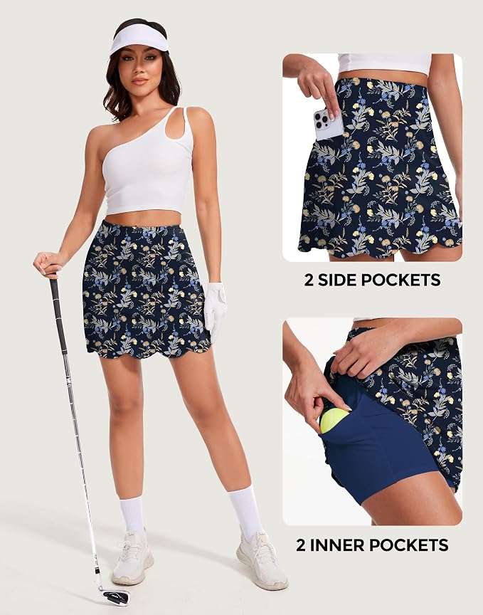 Skorts for Woman with Pockets 16" Golf Athletic Skirts Scalloped Hem Tennis Skirt Dressy Casual