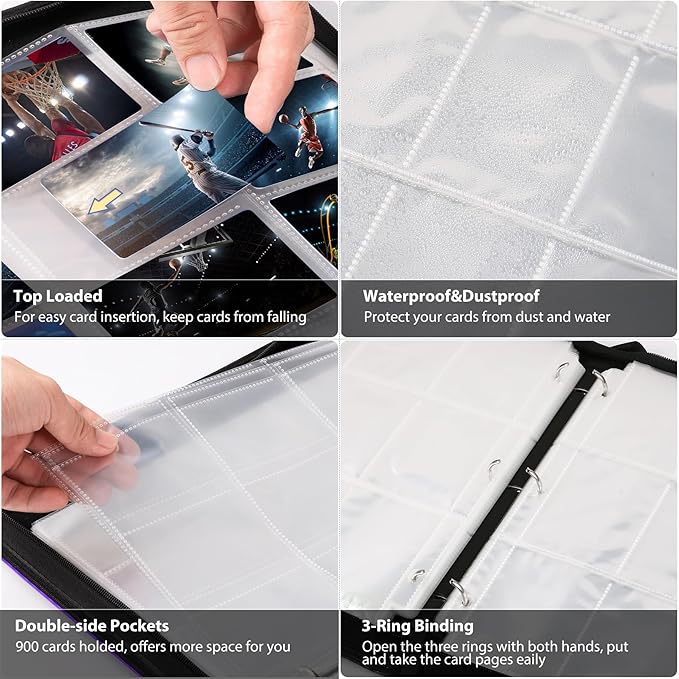 WOT I Trading Card Binder, 900 Pockets Baseball Card Binder Sleeves with Zipper, Double Sided Pockets Card Holder Carry Card Case for Baseball Card, Football Card(Purple)