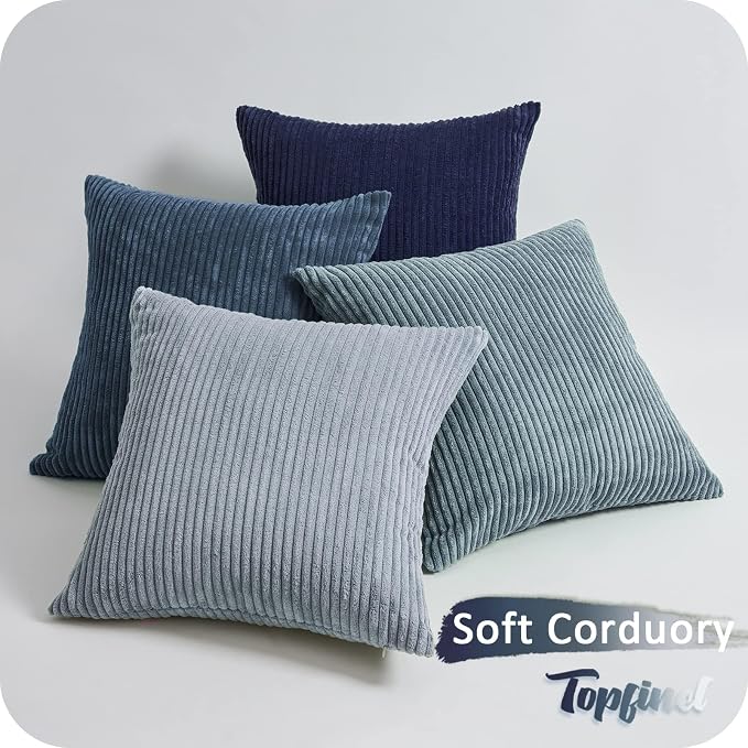 Topfinel Decorative Throw Pillow Covers Dusty Blue Navy Series 18x18 Inch Set of 4,Summer Corduroy Striped Toss Pillows for Couch,Patio,Balcony,Children Bedroom,Modern Fluffy Blue Gradient Shams