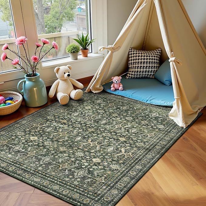 3x5 Area Rugs for Entryway, Green Washable Non-Slip Area Rug for Kitchen | Low Pile Soft Small Rugs, Vintage-Style Carpet for Bathroom Bedroom Tool Room, Stain Resistant Foldable Distressed Rug