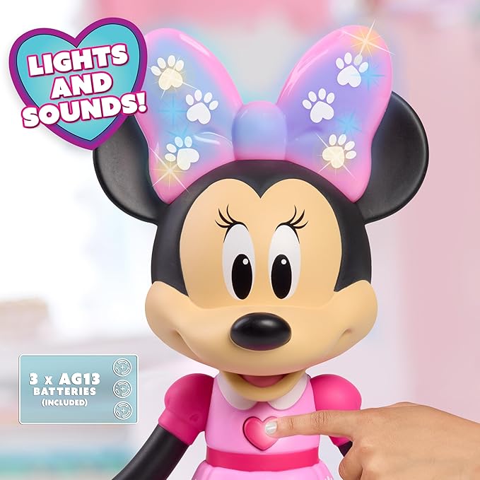 Disney Jr. Minnie Mouse Pet Fun Doll – 10-Inch Poseable Minnie Doll with Lights & Sounds, Accessories, Pink Poodle Toy, Kids Gift for Ages 3 and Up by Just Play, Kids Toys for Ages 3 Up by Just Play