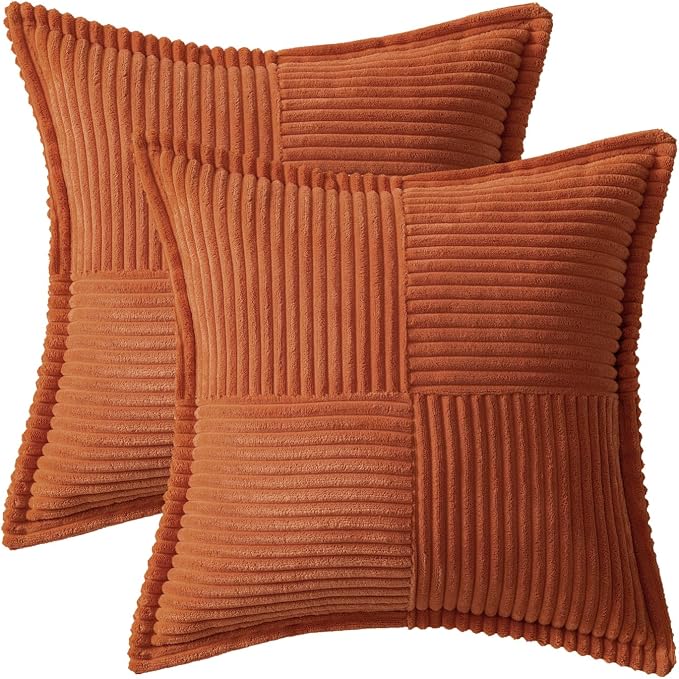 MIULEE Fall Burnt Orange Decorative Throw Pillow Covers for Couch 18x18 in | 2 Pack, Terracotta Boho Broadside Striped Patchwork Pillow Covers, Soft Corduroy Cushion Cases, For Sofa Bed Livingroom