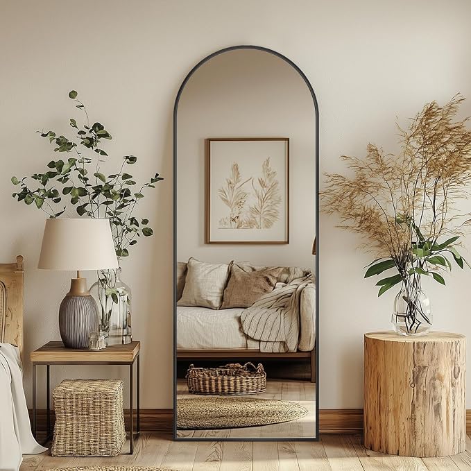 Antok 56" x14” Arched Full Length Floor Mirror, Black Aluminum Frame, Free Standing/Wall Mount/Leaning for Bedroom, Living Room, Dressing Room