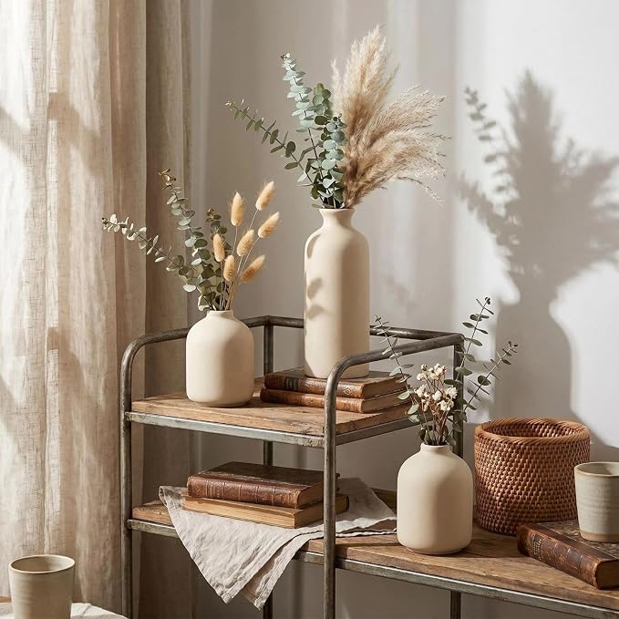 Small Ceramic Vase Set of 3,Modern Boho Farmhouse Flowers Vases | Decorative Vase for Dried Flowers,Pampas Grass,Home Decor,Shelf,Bathroom,Centerpiece for Entryway Table Distressed