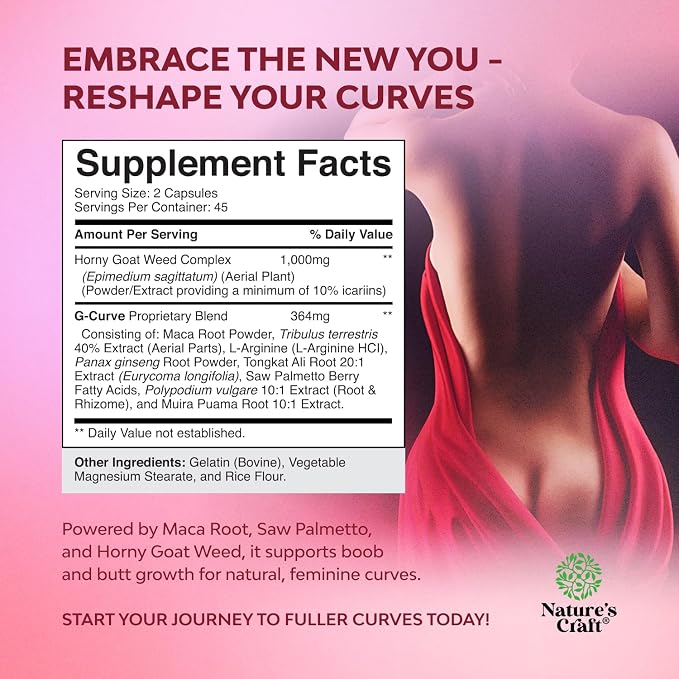 G-Curve Butt and Breast Growth Capsules - Horny Goat Weed Muira Puama & Maca Root for Butt Growth Support - Advanced Herbal Formula - Supports Bigger Butt & Bigger Breast - Easy to Swallow - 90 Count