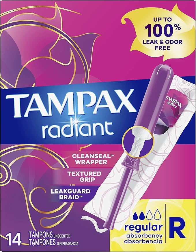 Tampax Radiant Tampons for Women,with LeakGuard Braid,Regular Absorbency,Unscented,84 Count (Pack of 2)
