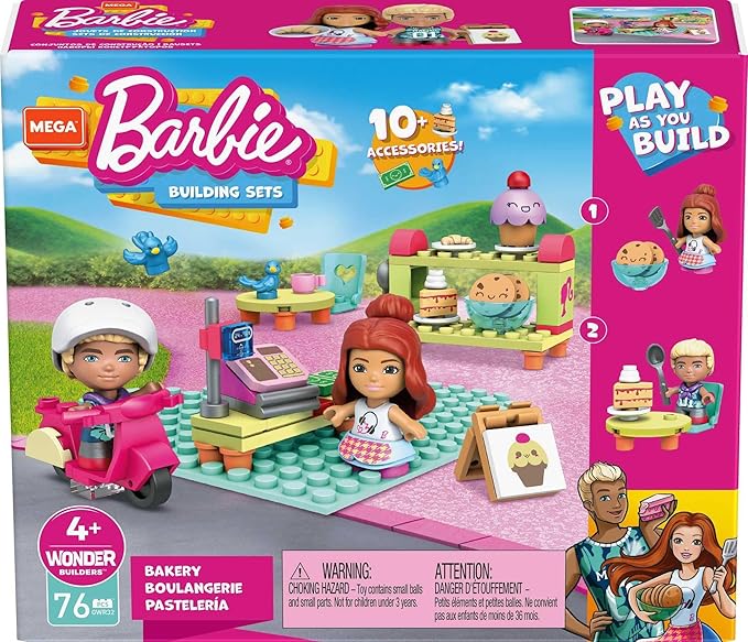 MEGA Construx Barbie Kids Building Blocks Toy Set, Bakery with 76 Pieces, 2 Micro-Dolls, Barbie Pets and Accessories, Ages 4+ Years