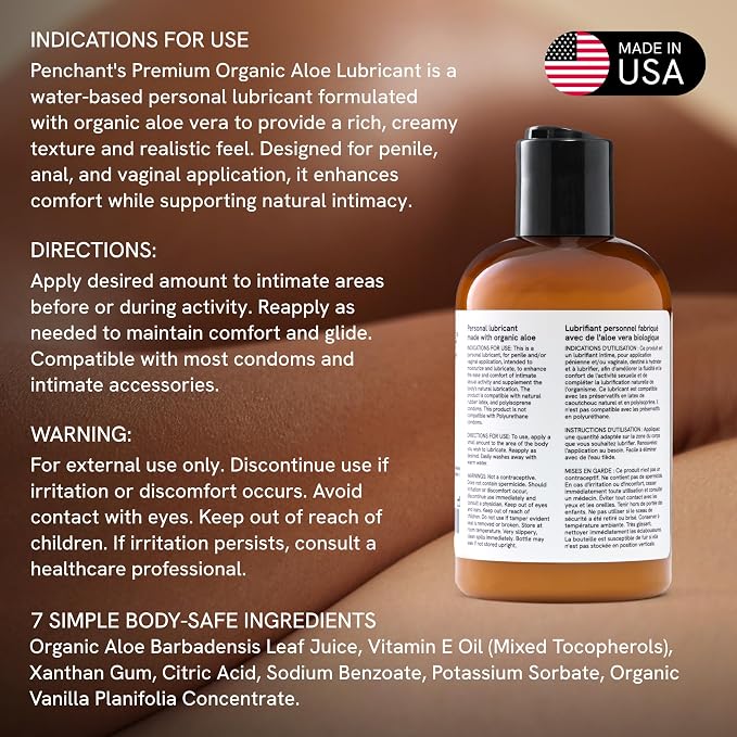 Penchant Premium Organic Lube – Clean & Realistic Personal Lubricant – Water-Based Aloe Juice & Vitamin E Formula for Men, Women & Couples, 4 Fl Oz