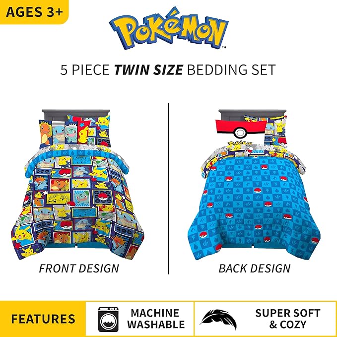 Pokémon Pikachu Twin Size Bedding, Kids Bedding Super Soft Cozy Reversible Comforter and Sheet Set with Sham, 5 Piece Twin Size, (Officially Licensed Product) by Franco
