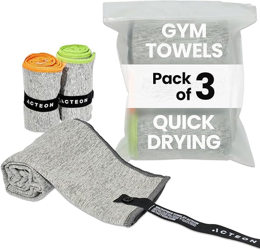 Acteon Microfiber Quick Dry Gym Towel, Silver ION Odor-Free Mega Absorbent Fiber Fast Drying Men Women Workout Gear for Body Sweat, Camping, Working Out Travel Towels – 3 Pack, 30x16, Heather Grey