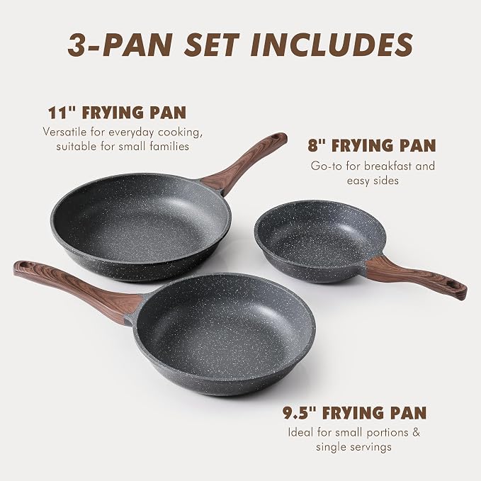 SENSARTE Nonstick Frying Pans, Grey(8+9.5+11 Inch) | Swiss Granite Coating, Free of PFOA&PFOS, Compatible with All Stoves Including Induction Cooktops, Easy to Clean