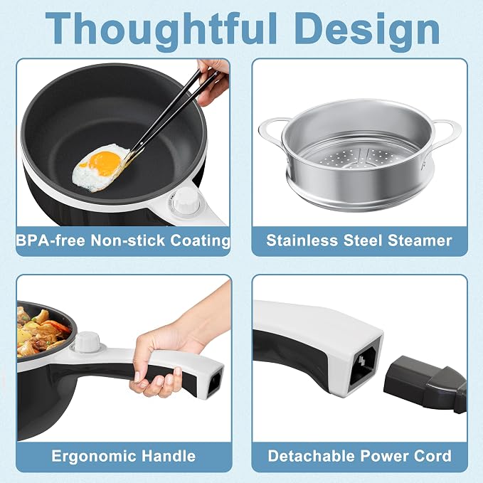 Dezin Hot Pot Electric with Steamer, 1.5L Non-Stick Portable Electric Pot | Dual Power, Upgraded 700W Electric Pot for Cooking Steak, Egg, Oatmeal, Ramen Cooker for Dorm, Travel, RV, Office, Black Pan