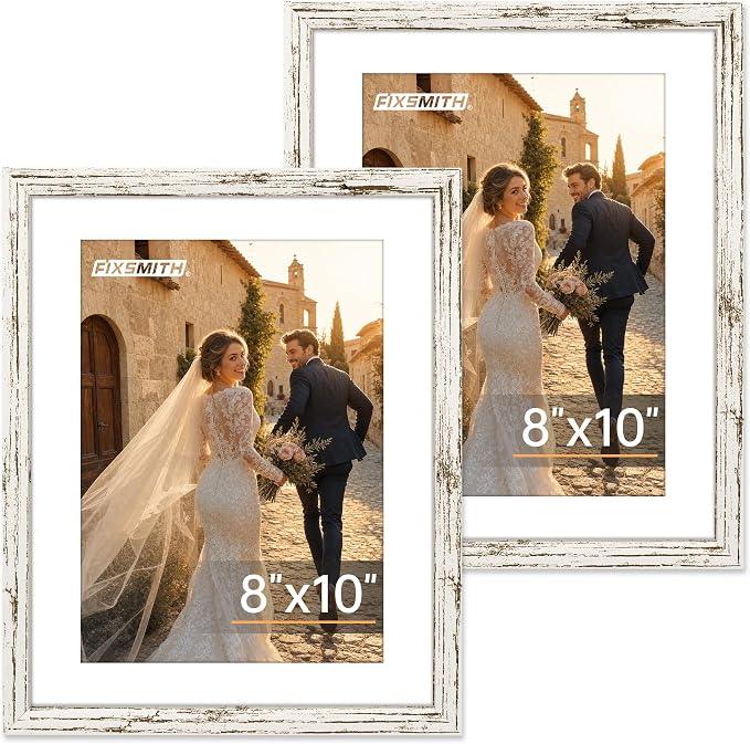 FIXSMITH 8x10 Picture Frame 2 Pack, Distressed White Photo Frame with HD Plexiglass, Display Pictures 5x7 with Mat or 8x10 Without Mat, Distressed White Multi Picture Frames Collage for Tabletop or Wall Display