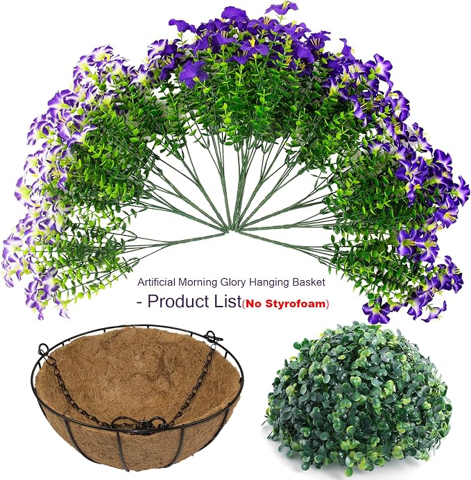 2 Set Artificial Petunias Flowers with Hanging Baskets, 24 Pcs Silk Petunia UV Resistant Purple Faux Petunias Flowers with Hanging Planter for Front Door Porch Spring Outside Decor (2, Purple)