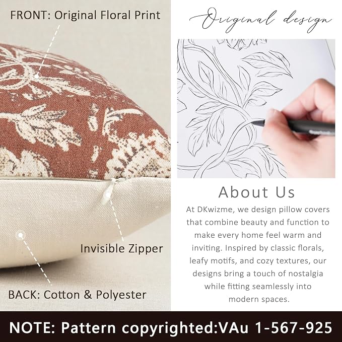 Fall Pillow Covers 22x22 Set of 2 Printed Floral Throw Pillows Farmhouse Pillow Cases Vintage Decorative Cushion Covers Fall Decorations for Couch Sofa Chair Bed Living Room, Rust