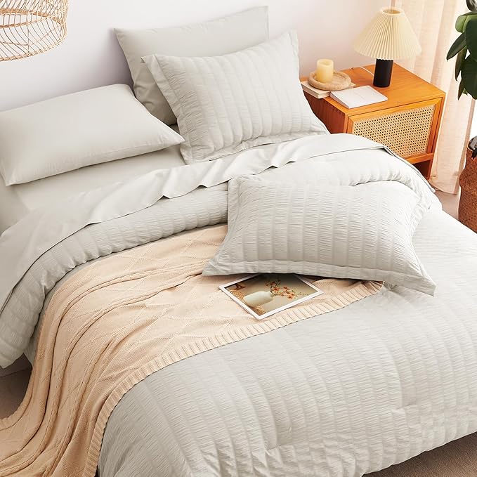 CozyLux Twin XL Comforter Set with Sheets Seersucker Beige 5 Pieces Bed in a Bag, Twin Extra Long Luxury Soft Bedding Sets for College Dorm with Down Alternative Comforter, Sheets, Pillowcase & Sham