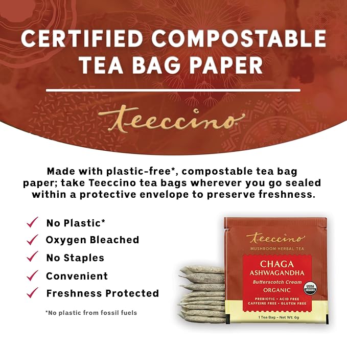 Teeccino Chaga Ashwagandha Tea - Butterscotch Cream - Organic Mushroom Adaptogenic Herbal Tea, 3x More Herbs than Regular Tea Bags, Prebiotic, Caffeine Free, Gluten Free - 25 TeaBags