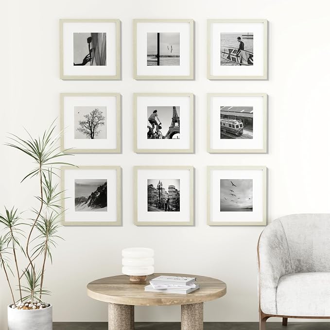 Vittanly 12x12 Picture Frames Set of 9 for Wall Mounting, Cornsilk | Display Pictures 8x8 with Mat or 12x12 without Mat for Wall Mounting, Square Photo Frames for Home Decor, Engineered Wood