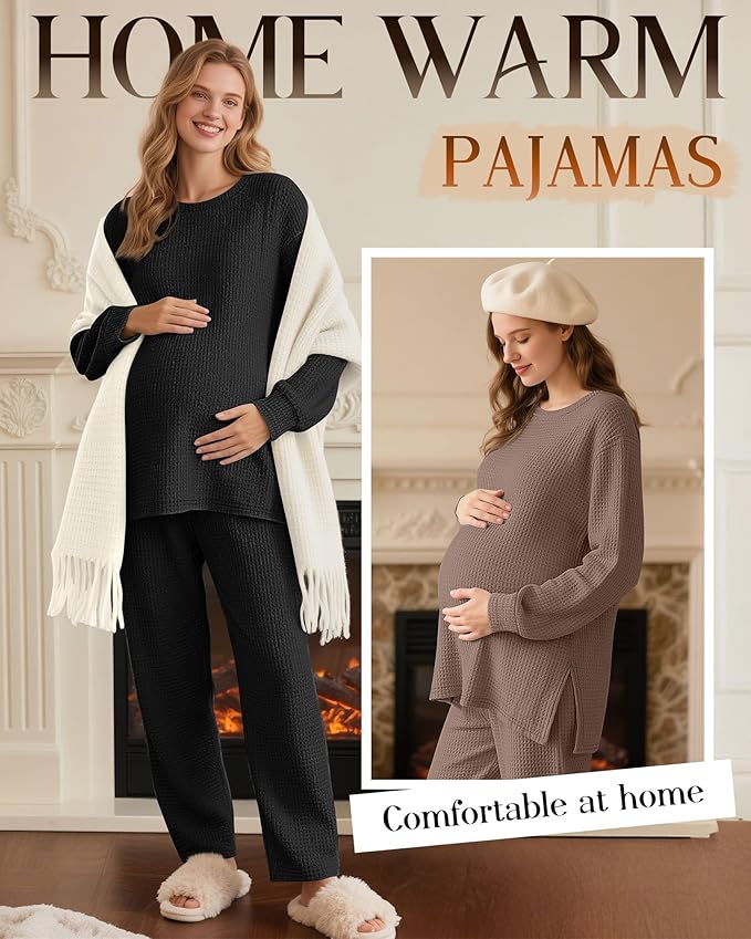 3 Pack Women's Maternity Shirts Long Sleeve Waffle Knit Side Split Oversized Tops Pregnancy Clothes Fall Tees