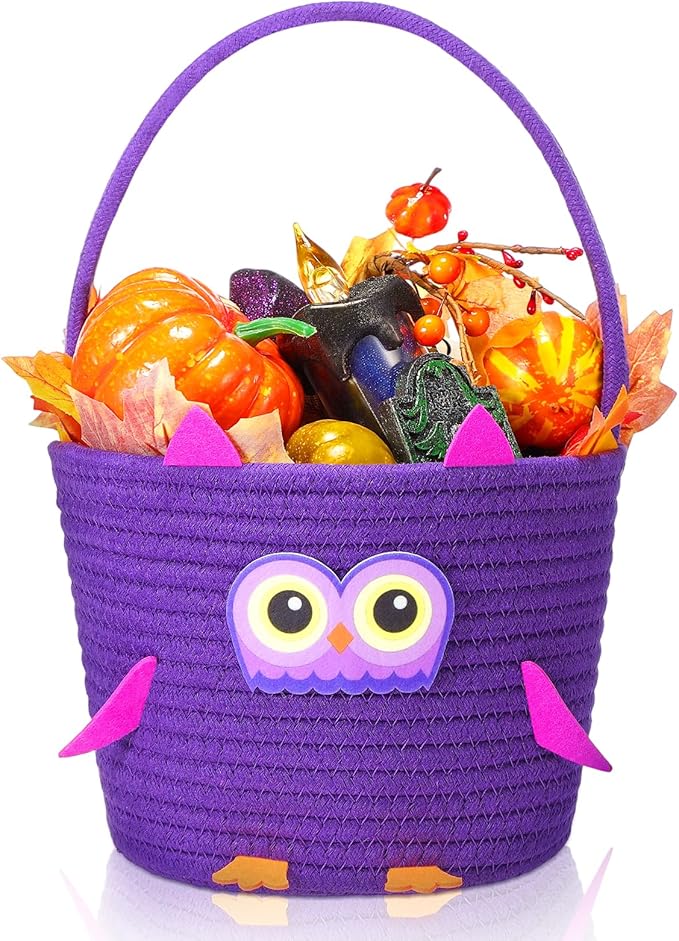 Halloween Basket with Handle Cute Bucket Cotton Rope Woven Candy Server Bag Pumpkin Witch Cat Pig Storage Basket for Halloween Party Favor(Owl,Purple,1 Pack)