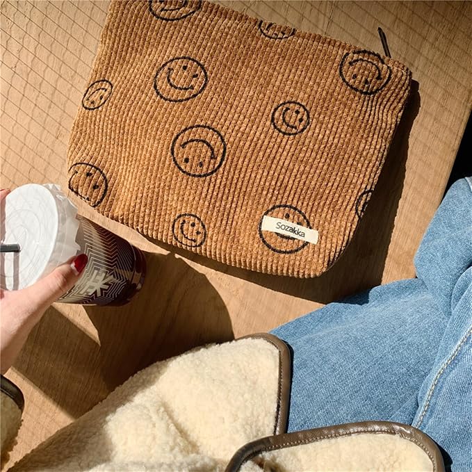 Cosmetic Bags for Women - Corduroy Cosmetic Bag Aesthetic Women Handbags Purses Smile Dots Makeup Organizer Storage Makeup Bag Girls Case Bags (A-Brown)