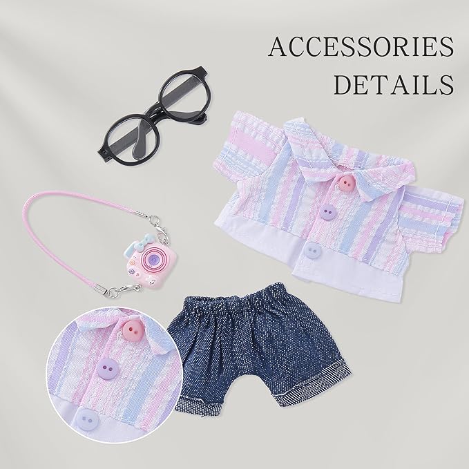 17cm Doll Clothes Set & Doll Outfit – 4-Piece Handmade Travel Look with Pink Striped Shirt, Black Glasses, Jeans & Camera-Style Backpack – Accessories for 17cm Plush Dolls, Clothes Only