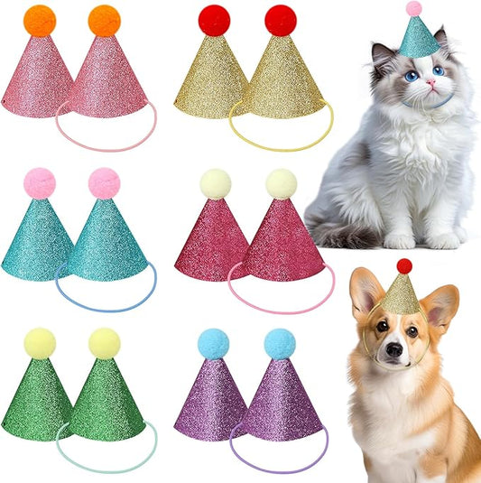 12 Pack Mini Party Hats for Stuffed Animals, Gittter Sequin Mini Hats for Plush Toy Dolls Dog Cat Puppies Birthday Party Decorations - No Assembly Required