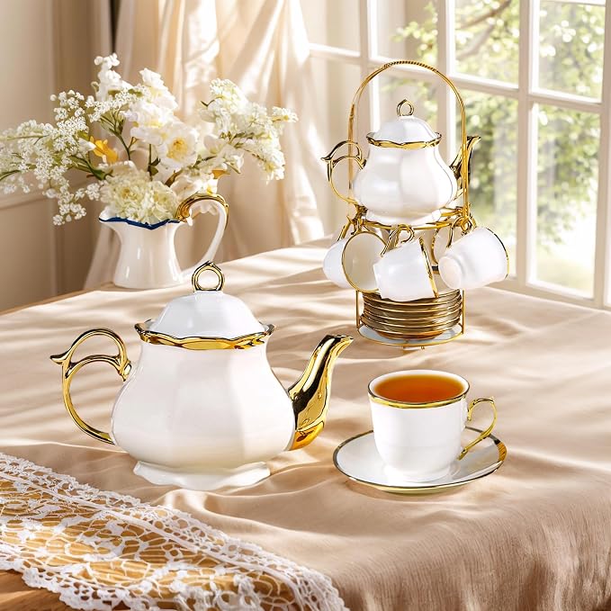 20 Pcs Porcelain Tea Set with Metal Holder, Adult Tea Set Gift, European Ceramic Tea Set for Adults, Flower Tea Cup Saucer Set for Party With Gold Trim(French White/1100ml)
