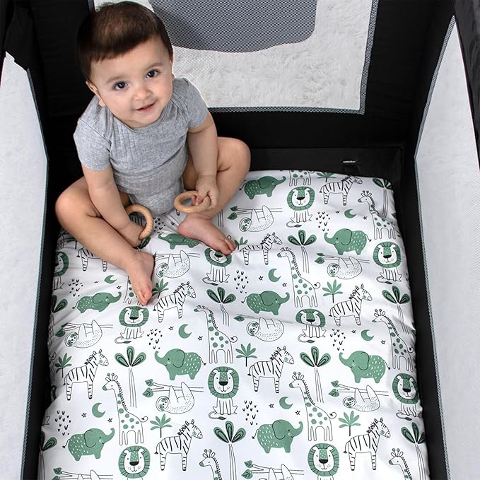 The Peanutshell 3-Pack Fitted Playard Sheets - Soft & Breathable Baby Boy or Girl Mini Crib Sheets, Pack N Play Mattress, Fits Standard Playard Pack Play Mattresses - Green Safari