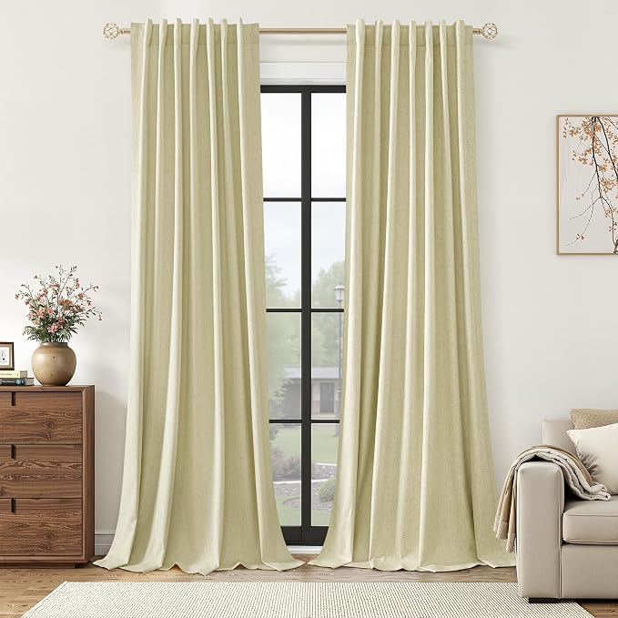 Guken 100% Blackout Linen Curtains for Bedroom 84 inches Long, Thermal Insulated Room Darkening Black Out Drapes for Living Room, Back Tab Rod Pocket 2 Panels Set,Cream Yellow,52x84