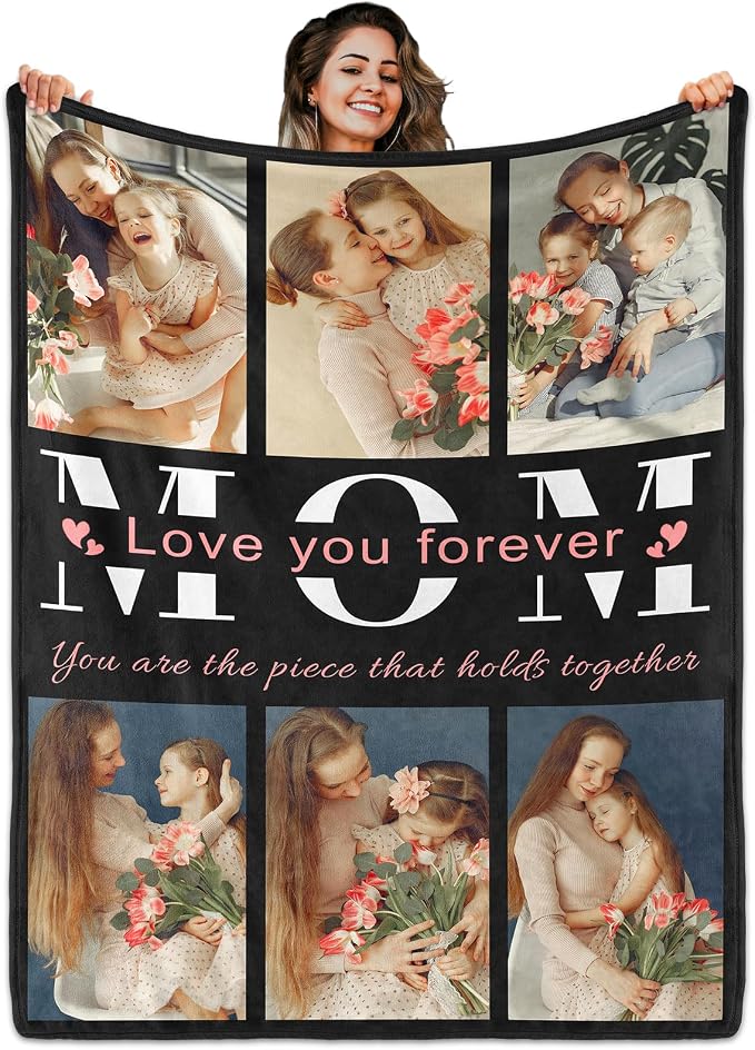 Gifts for Mom Custom Blanket with Photo & Text, Personalized Birthday Blanket with Picture for Mother, HD Printing Customized Flannel Throw Blanket Gifts for Best Mom Ever