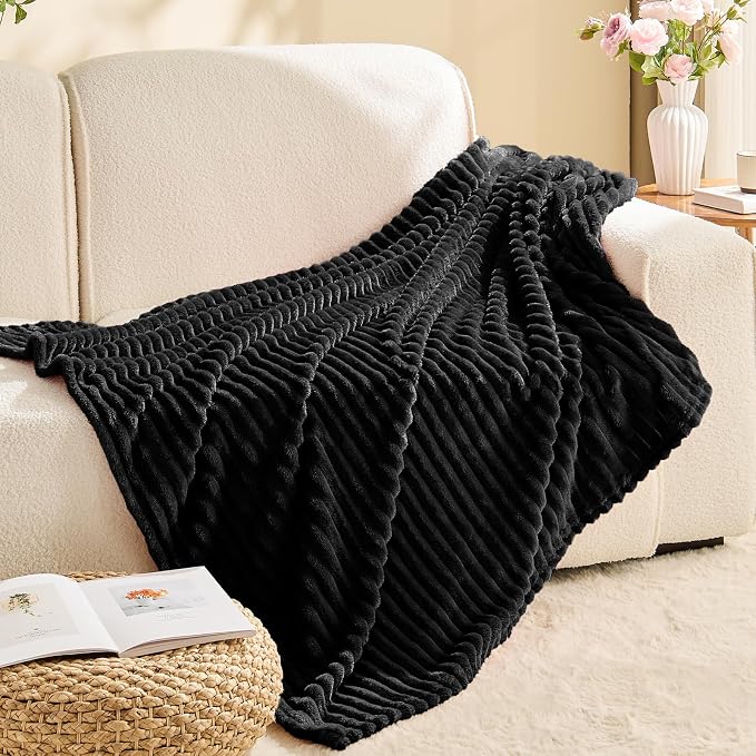 BEDELITE Ribbed Jacquard Black Fleece Throw Blanket for Couch, 50x60 Inch | Soft Warm Decorative Fluffy Blanket, Cozy Plush Lightweight Fuzzy Throw Blanket for Bed Sofa Home Room Decor, Gift for Women