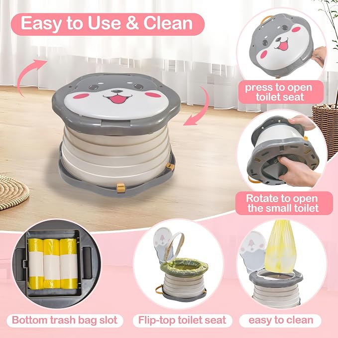 SunnySmile Portable Potty for Kids, Portable Toddler Toilet Cute Puppy Design with 45 Disposable Bags, Foldable Toddler Travel Potty for Camping, Road Trips, Car Toilet for Kids