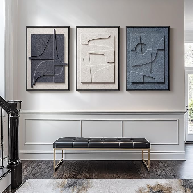 Large 3D Textured Framed Blue and White Abstract Wall Art for Living Room, 3 Piece Modern Artwork for Walls, Minimalist Navy Blue Geometric Paintings for Hallway, Stair, Office Wall Decor 24x36 In