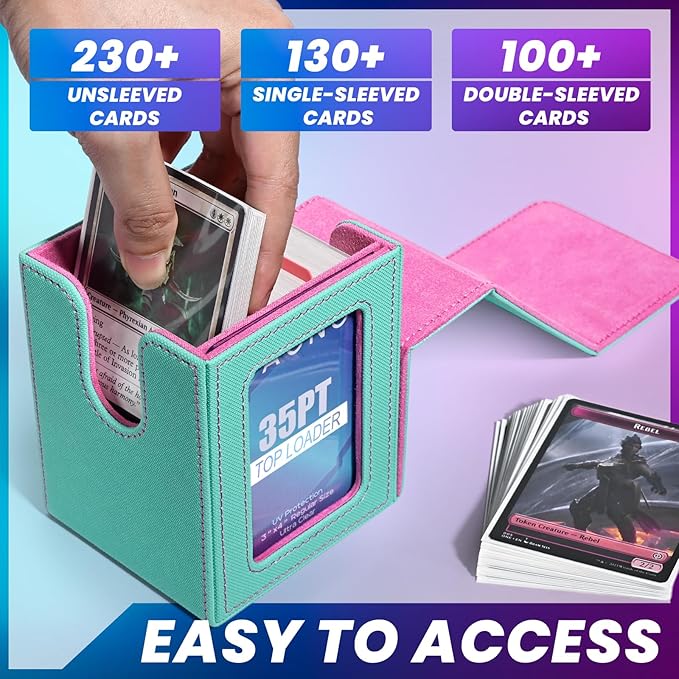UAONO Card Deck Box with MTG Commander Display, Deck Case Holds 100+ Double-Sleeved Cards, Trading Card Storage Box Fits TCG/PTCG/Sports Card with 2 Dividers, 1 Top Loaders (Turquoise, Pink)