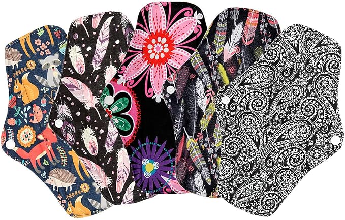 5 Pack 10 Inch Charcoal Bamboo Cloth Menstrual Pads,Reusable Sanitary Pads,Washable Panty Liner,Unscented
