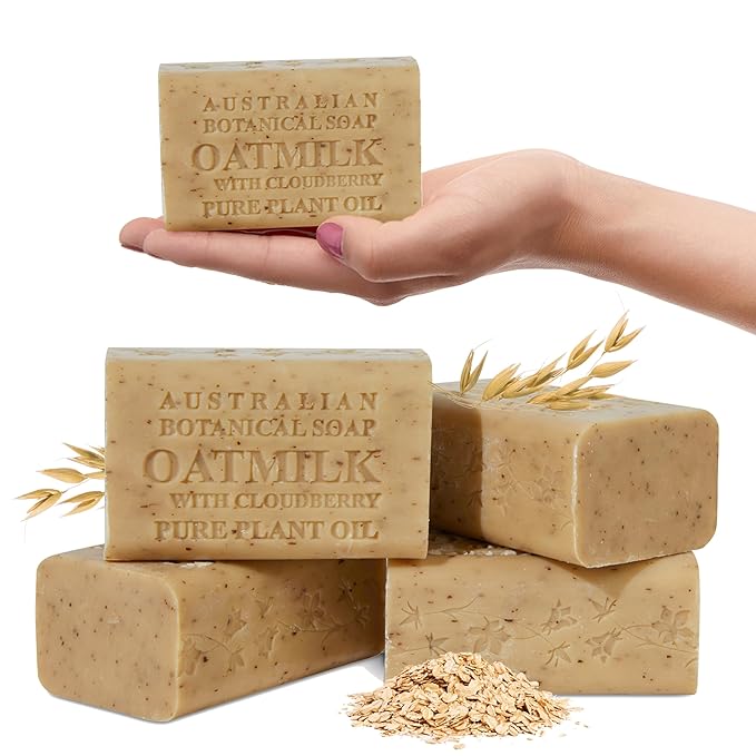 Australian Botanical Soap Oat Milk with Cloudberry – Triple Milled 6.6 oz Bar Soap with Shea Butter, Face Hand & Body Soap Bars, Pack of 4