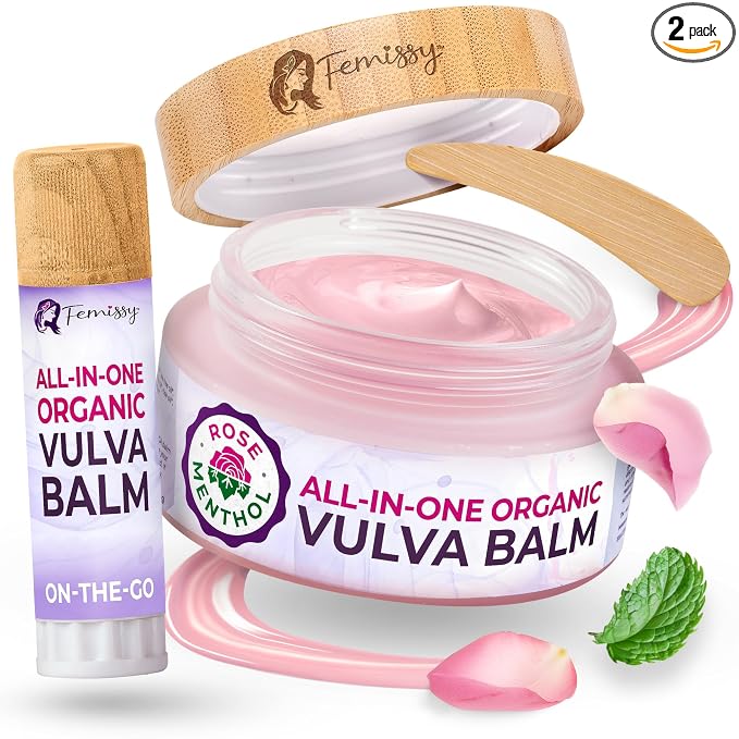 Vulva Balm (Rose & Mint, 2oz + 0.5oz) – All-in-One Organic Vaginal Moisturizer Cream with 11 Botanicals – Natural, Travel-size Vaginal Itch Cream – Hydrates & Soothes Redness, Dryness & Irritation