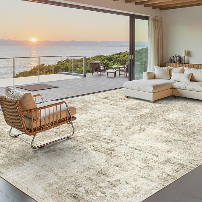Soalmost Abstract Rug 8x10 Large Living Room Area Rugs Washable Beige/Gray | Modern Non-Slip Carpet for Dining Bedroom, Stain Resistant Foldable Thin Low Pile Floor Mat Under Table Home Office Decor