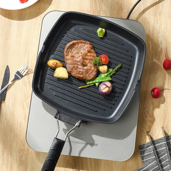 S·KITCHN Grill Pan with Folding Handle, Nonstick Grilling Pan for Stove Tops, Induction Compatible Square KBBQ Pan with Pour Spouts - 9IN