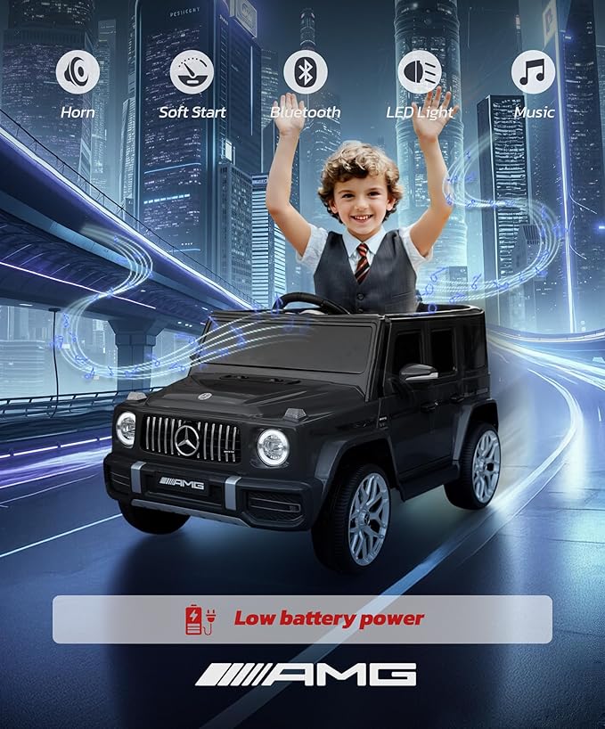 ELEMARA Licensed Mercedes-Benz AMG G63 Ride on Toys,12V Ride on Car with Remote Control,Rechargeable Battery,Flickering Lights/LED Lights, Bluetooth,Music & Horn, Soft Start, Low Battery Prompt,Black