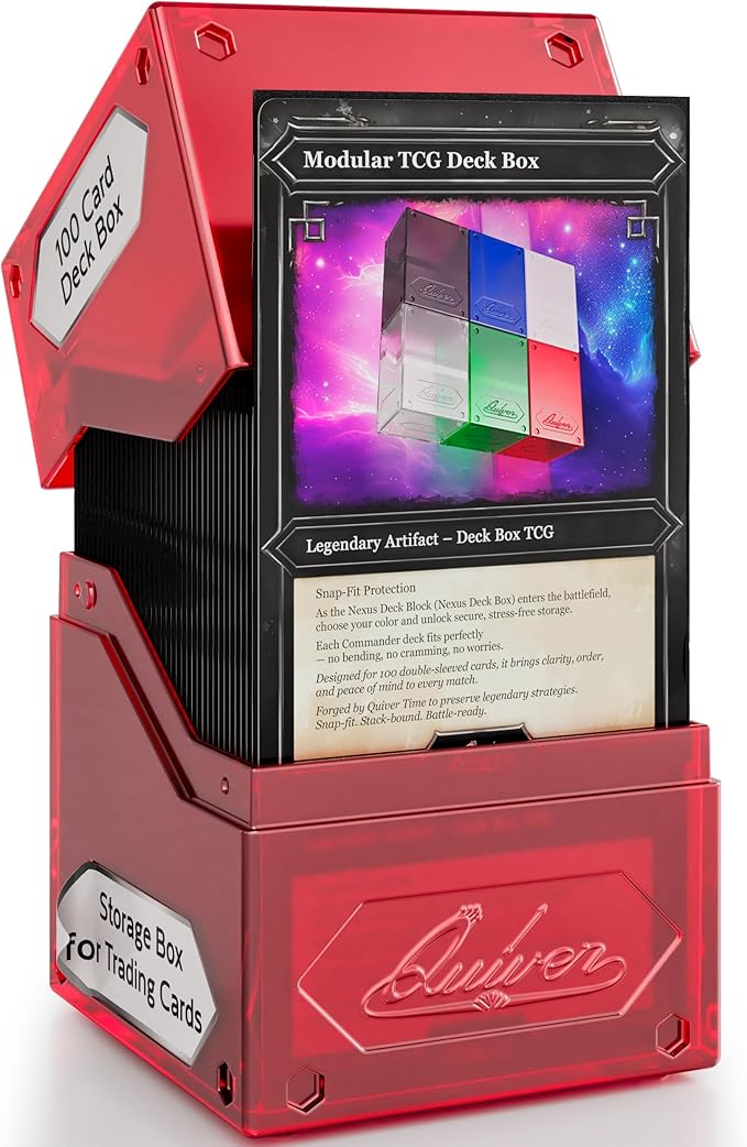 Quiver Time 360° Modular Nexus DeckBlock - Durable Stackable MTG Deck Box for Commander fits 100+ Cards | Stylish 100 Card Deck Box MTG | Interchangeable TCG Decks Boxes (1 pcs, Red)